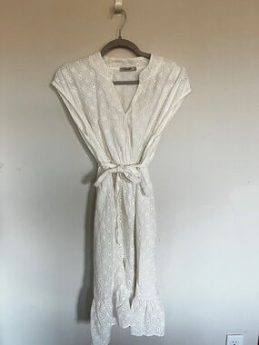 White Eyelet Tie-Front Midi Dress